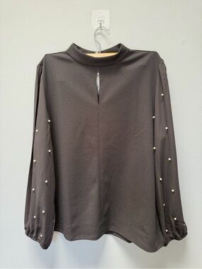 Ann Taylor Black Pearl-Embellished Mock Neck Blouse